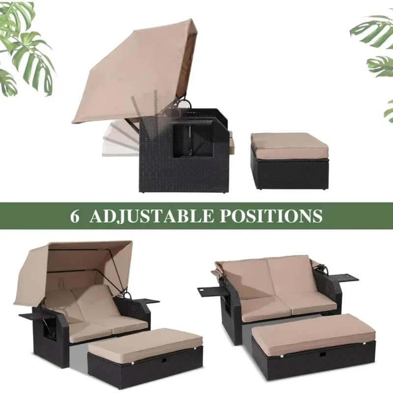 Outdoor Wicker Loveseat - Patio Furniture Set with Retractable Canopy, Adjustable Back, Side Table, Ottoman, Cushion - Image 3