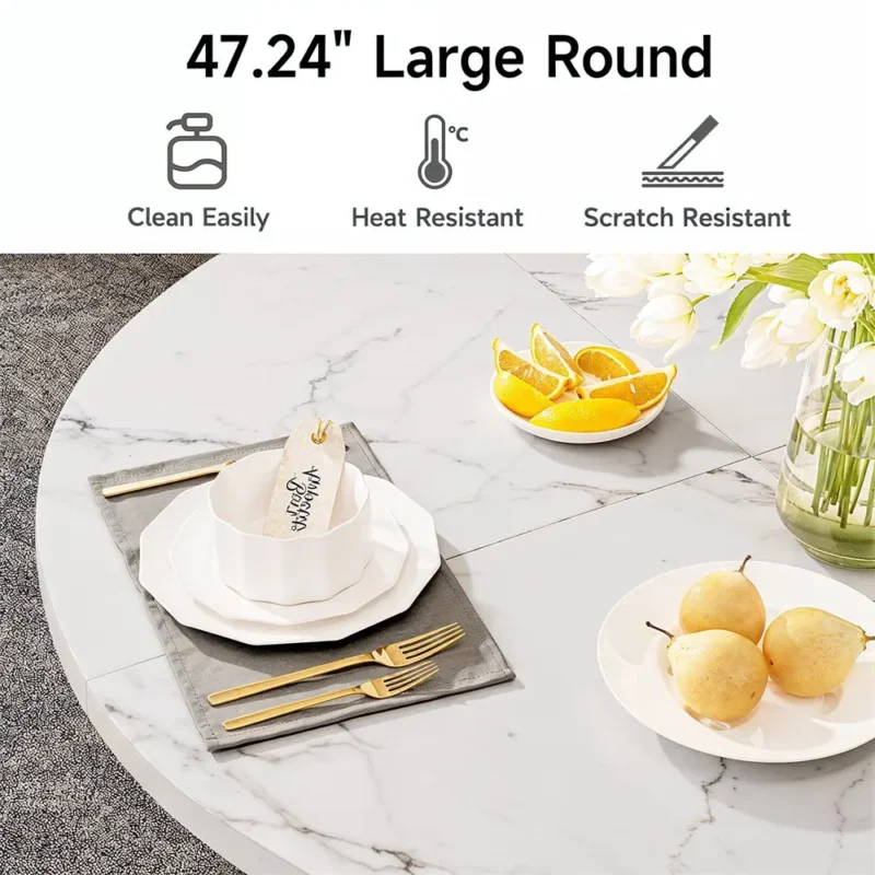 Round Dining Table 47.24 Inch Kitchen Table for 4 People Wooden Marble Pattern Dinner Room Table with Gold Base for Home office - Image 4