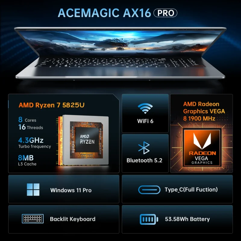 ACEMAGIC Gaming Notebook AMD Ryzen 7 5825U(Beat i7-1265U)Backlit Laptop Keyboard RAM 16GB NVME SSD 512GB 16.1" Full HD 1920x1080 - Image 2