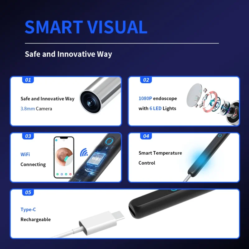 Smart Visual Ear Cleaner HD Ear Sticks Otoscope USB C Charging Endoscope Wax Removal Tool Earpick MIni Camera Health Care Set - Image 3