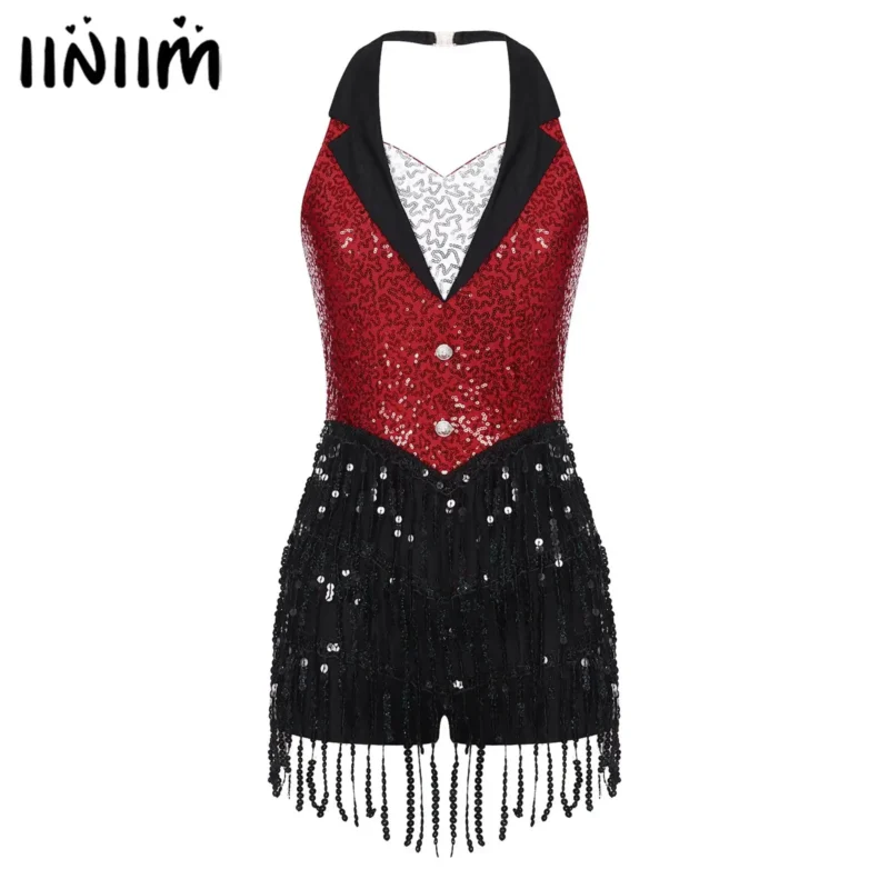 Womens Jazz Latin Dance Performance Costume Halter Backless Sparkly Sequins Fringe Jumpsuit Sleeveless Tassel Leotard Dancewear