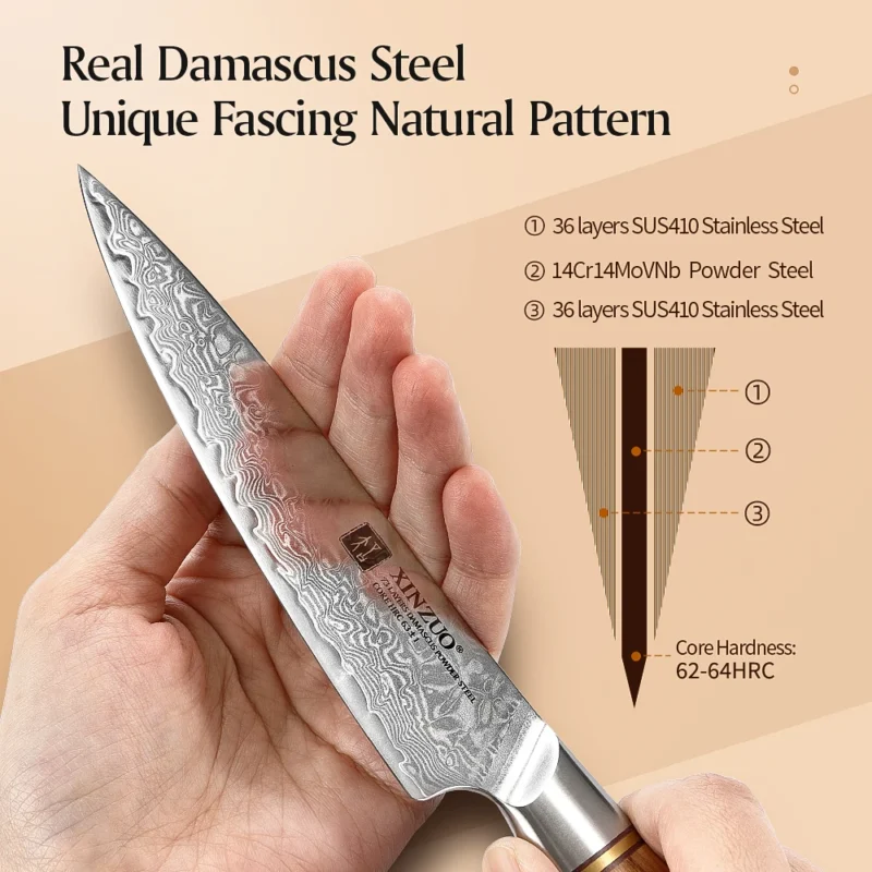 XINZUO 1-8pcs Kitchen Knife Set 73 Layers Custom Damascus Steel 15°±1 Per Side Steel Blade with Olive Wood Handle - Image 3