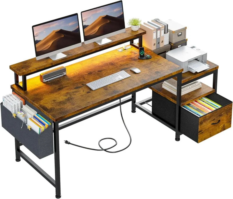 EnHomee 56.5" Computer Desk with File Drawers Cabinet,Home Office Desk with Shelves Monitor Stand,Study Writing Gaming Desk