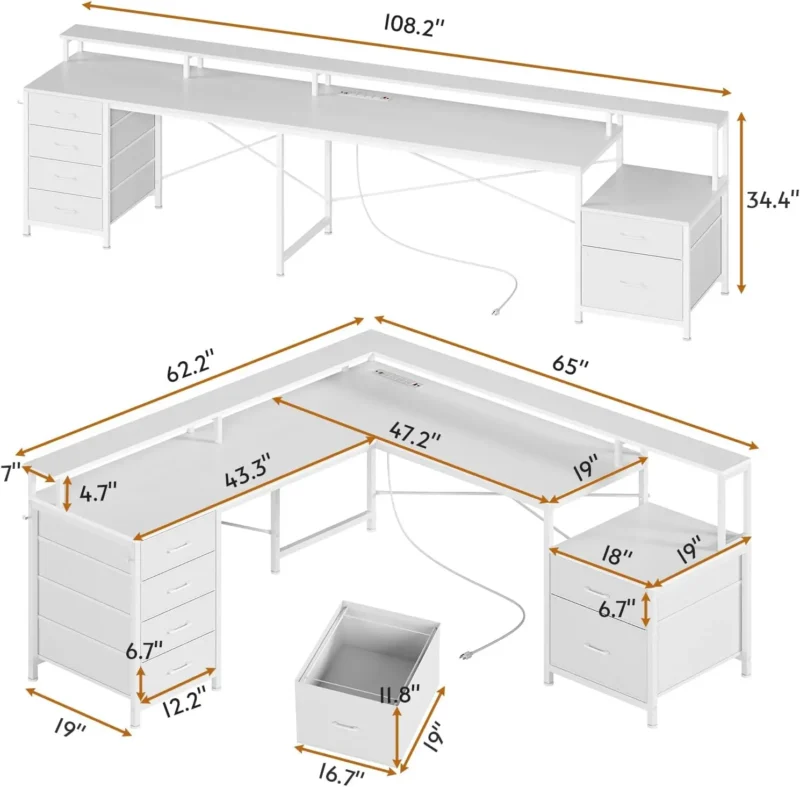 L Shaped Desk with 6 Drawer, 108" Home Office Desk with File Drawer & Power Outlet, Corner Computer Desk with Monitor Shelf - Image 5