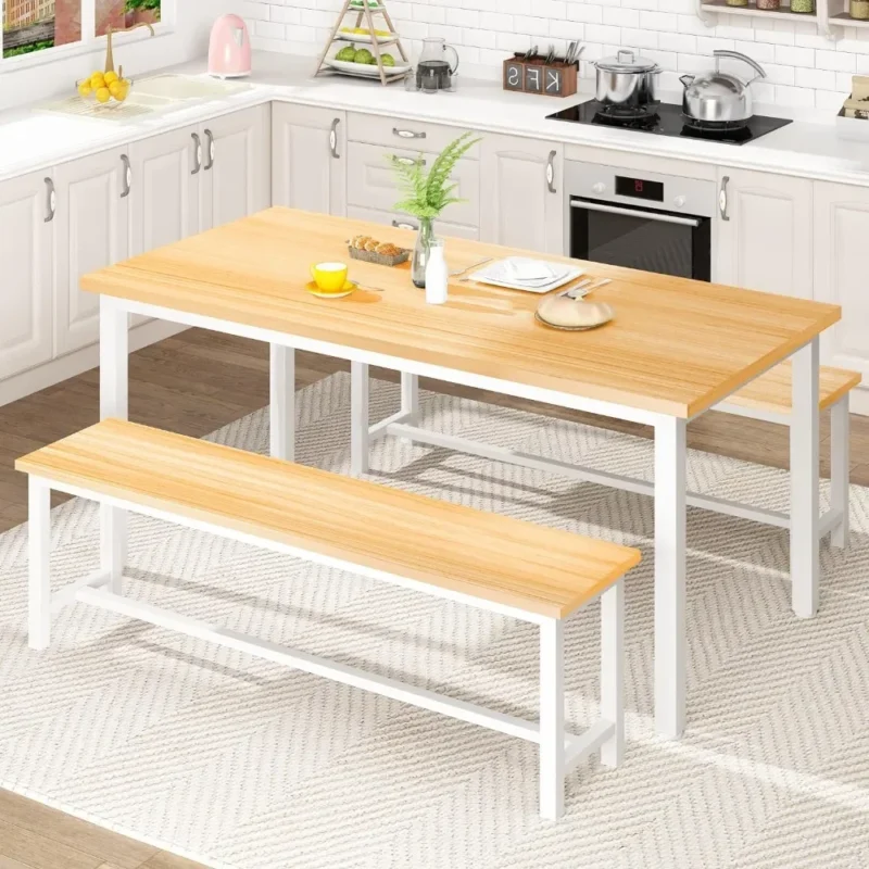 Dining Room Table Set, Kitchen Table Set with 2 Benches, Ideal for Home, Kitchen and Dining Room,