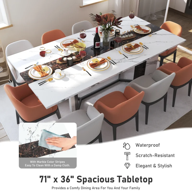 71In Large Rectangular White Dining Table for 4 5 6 8 10 People, Family Dinner Table w/Marble Color, Wood Tabletop, Metal Leg - Image 4