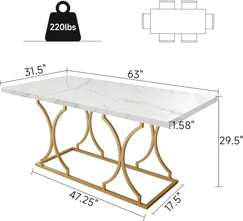 63" Luxury Dining Table Kitchen Dining Room Table White Dinner Desk Rectangle Modern Marble with Gold Metel Frame for 6 People - Image 2