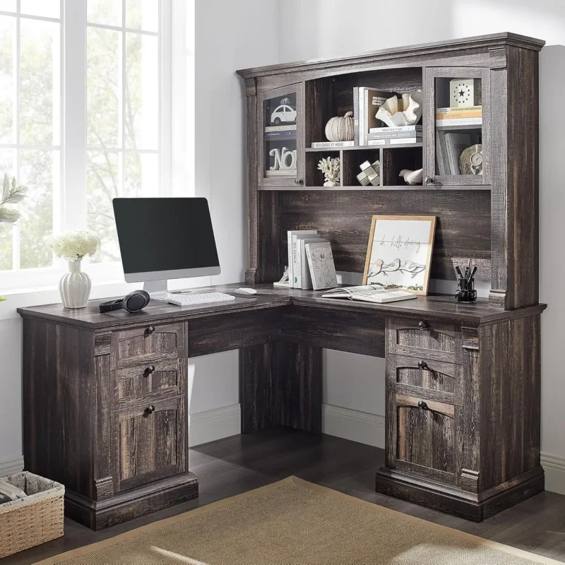 60" L Shaped Executive Desk with Hutch and Drawers, Farmhouse Home Office Desk with Charging Station, File Cabinet Storage, Wood